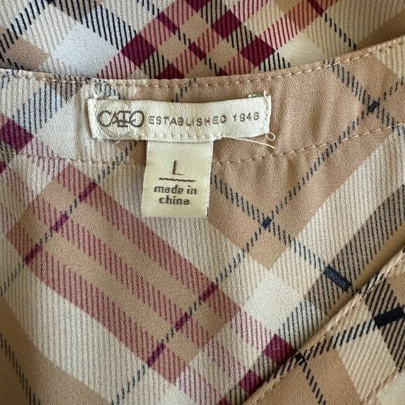 Cato, Lg, Plaid Pullover Blouse, 3/4 Roll Tab Sleeve, Gold 1/4 Zip V Neck, NWOT - Picture 6 of 6